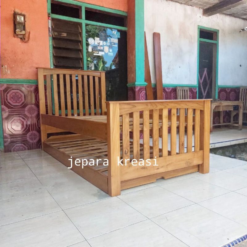 dipan tempat tidur Sorong minimalis kayu jati, ranjang tempat tidur anak Sorong kayu jati minimalis