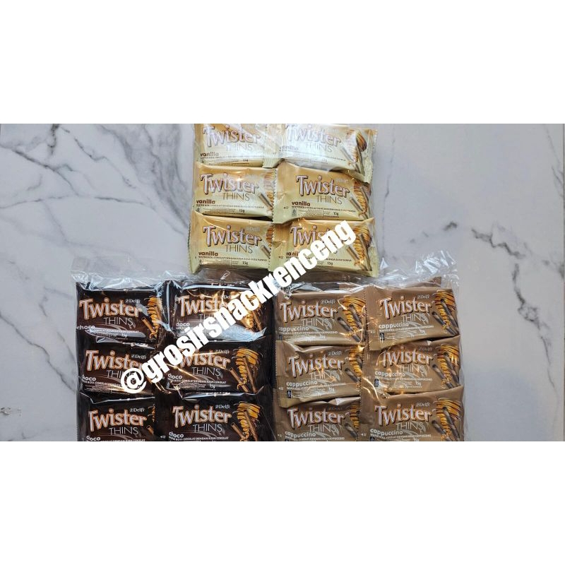 

DELFI TWISTER THINS 1pack 12pcs @15gr / BISKUIT TWISTER THINS CHOCOLATE / CAPPUCINO/ VANILLA