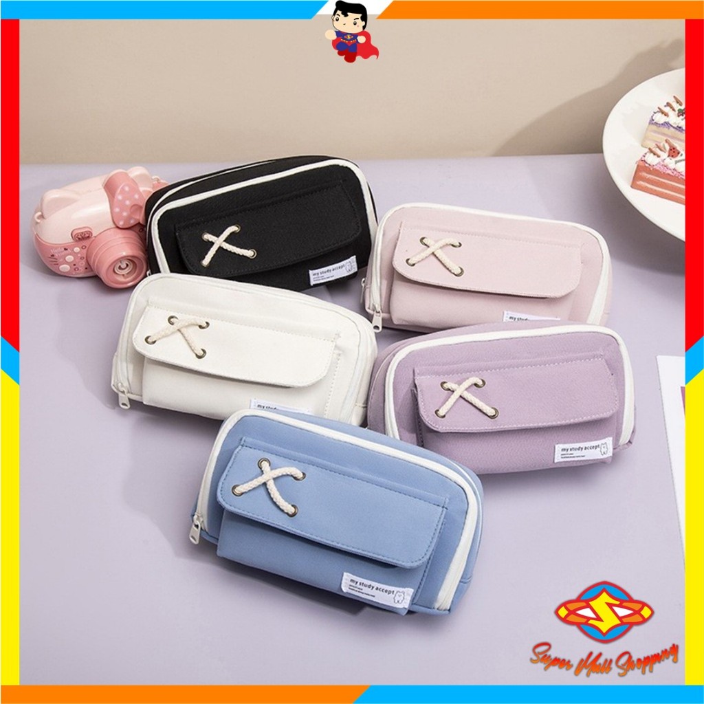 

SMS Tempat Pensil Model Pita Silang Kotak Pensil Tali Rami Ritsleting Ganda Bahan Kanvas Pouch Tempat Alat Tulis Perlengkapan Sekolah Kantor Dua Sisi Resleting