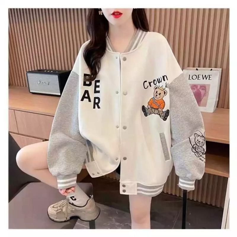 Jacket Baseball Wanita Pria Oversize Bear Crown Basebal Jaket Versity