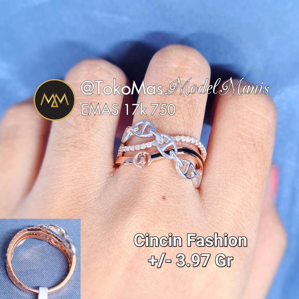 Cincin Rantai silang italy emas rosegold kombinasi putih 750 kadar 17k