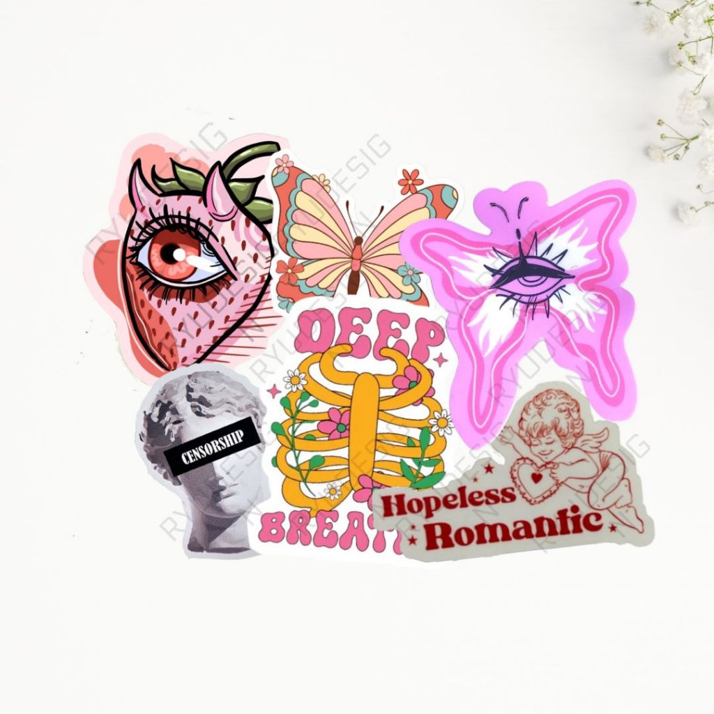 

Stiker Aesthetic Vintage Strawberry Greek Yunani Kupu Kupu Butterfly Tengkorak Bunga Skull Hopeless Romance Pink