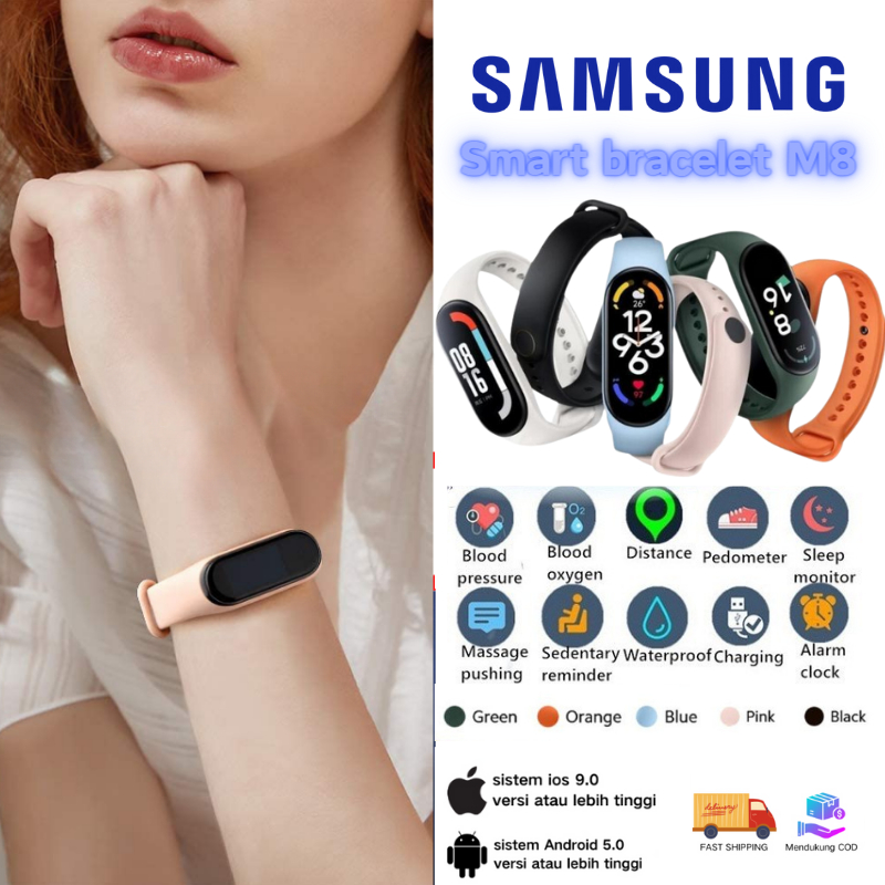 Samsung smartband M8 Jam Tangan Pintar Smart Band 8 Original Bluetooth Waterproof Anti Air Monitor Pengukur Detak Jantung Tekanan Darah Asisten Olahraga Dan Kesehatan Sport Watch Suppotr Android Ios Fitur Lengkap Smartwatch