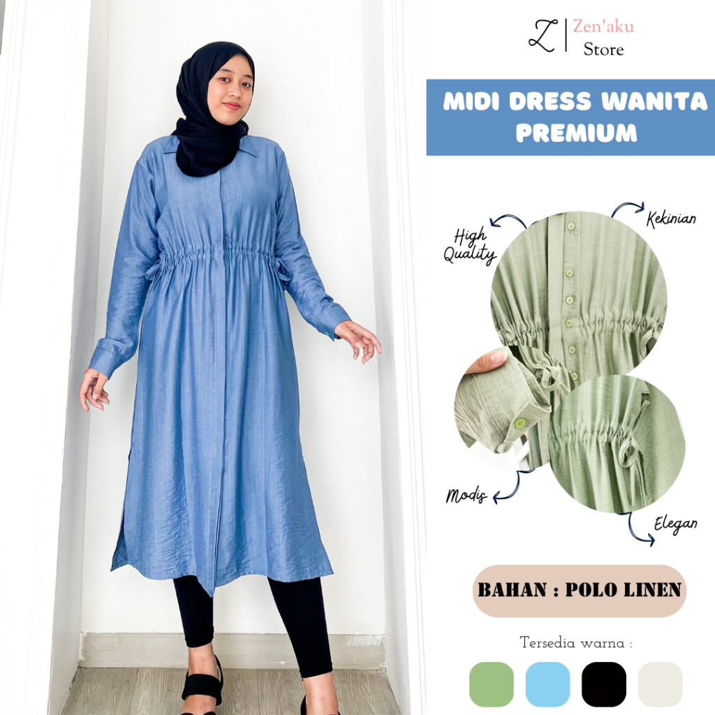 TUNIK MIDI DRESS WANITA DEWASA REMAJA LINEN TERBARU KEKINIAN BUSUI PREMIUM POLOS SIMPLE MEWAH ELEGAN