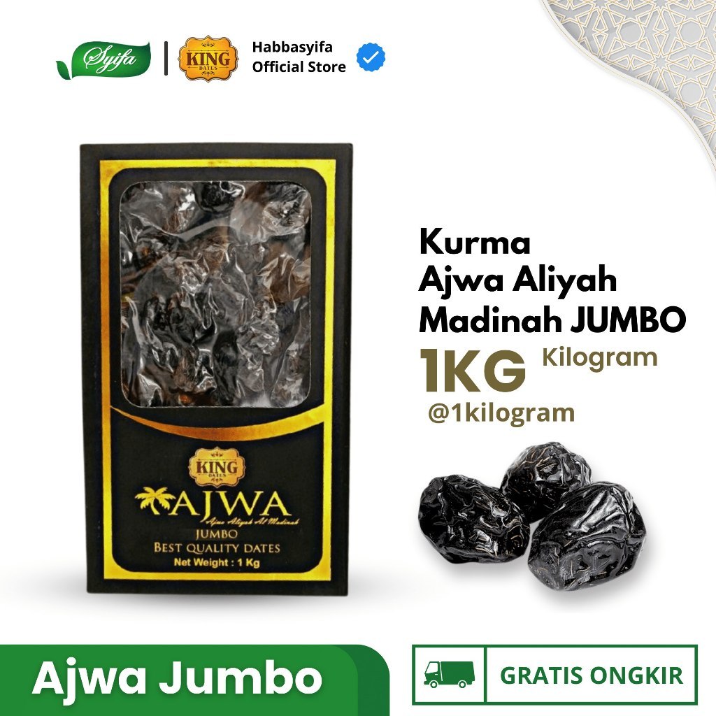 

Kurma King Dates Ajwa Jumbo | Kurma Nabi 1 Kg Syifa Herbal Alami