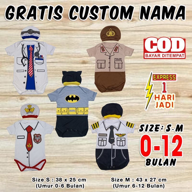Baju Bayi Karakter GRATIS CUSTOM NAMA Set Pakaian Anak Profesi PILOT POLISI DOKTER SERAGAM SD BATMAN
