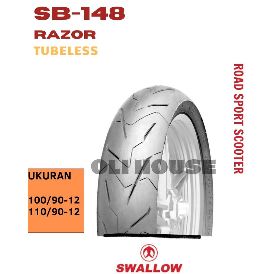 Ban Luar Motor Scooter Swallow SB-148 Razor Ukuran 100/90 110/90 Ring 12 Tubeless Soft Compound