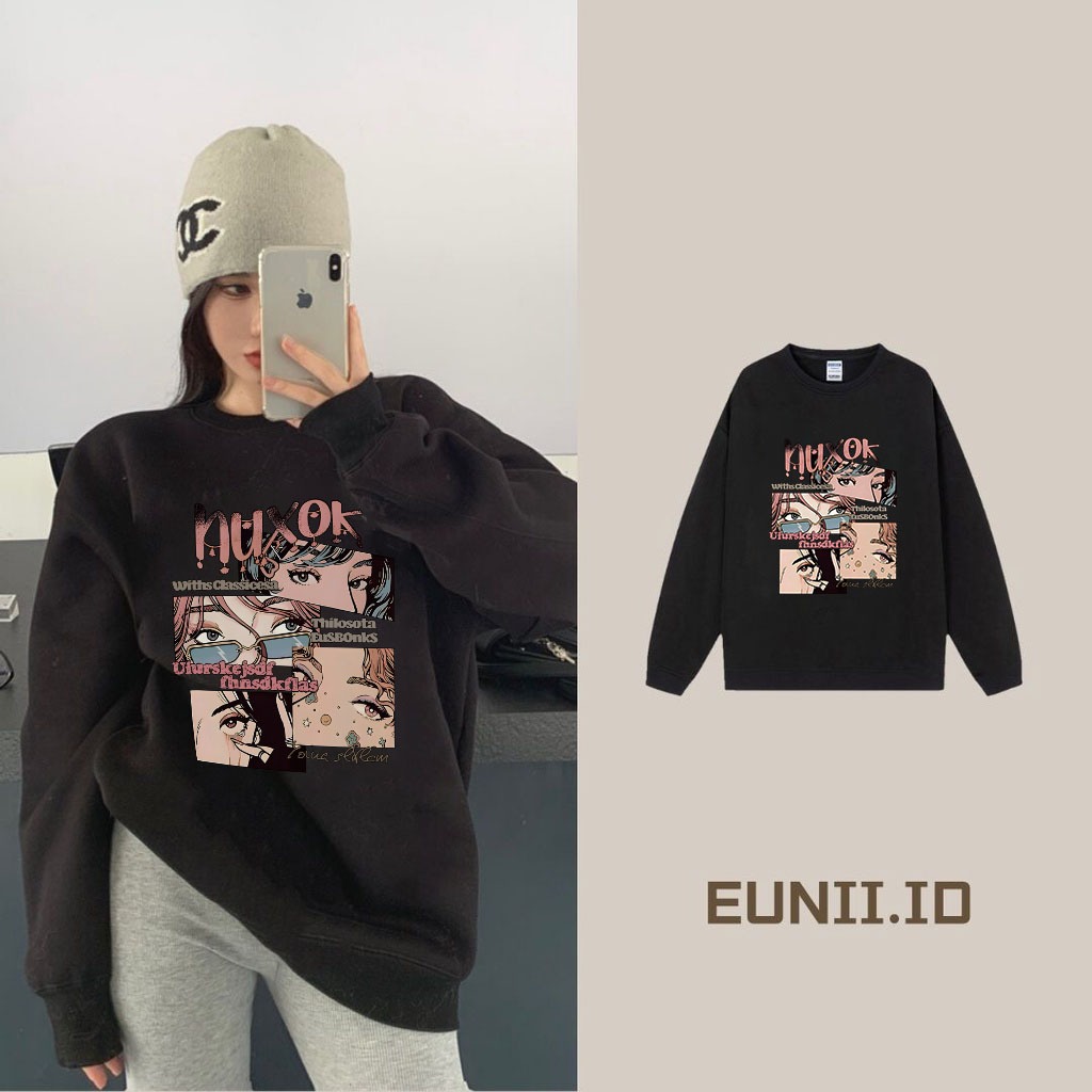 EUNII Sweater  Wanita | Komik Kartun Jepang/leher crew | Sweater Lengan panjang Model Versi Korea/Pa
