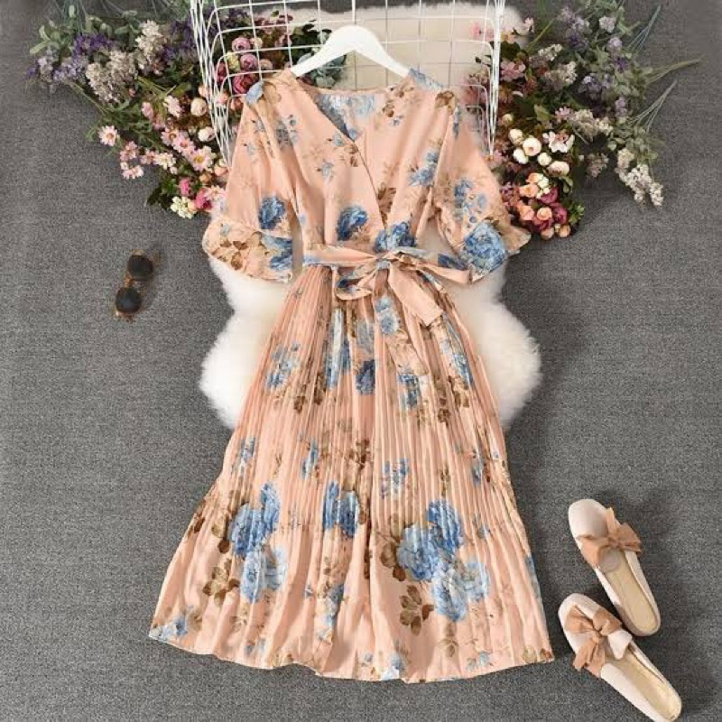 Vintage Pleated Flower Dress - Dress Plisket Sifon Kimono Korea Motif Bunga