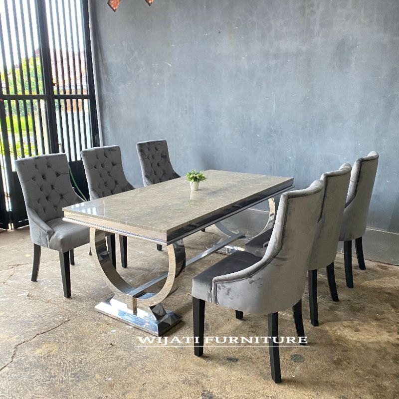 Meja Makan Marmer Asli Stainless  6  Kursi 180 × 90