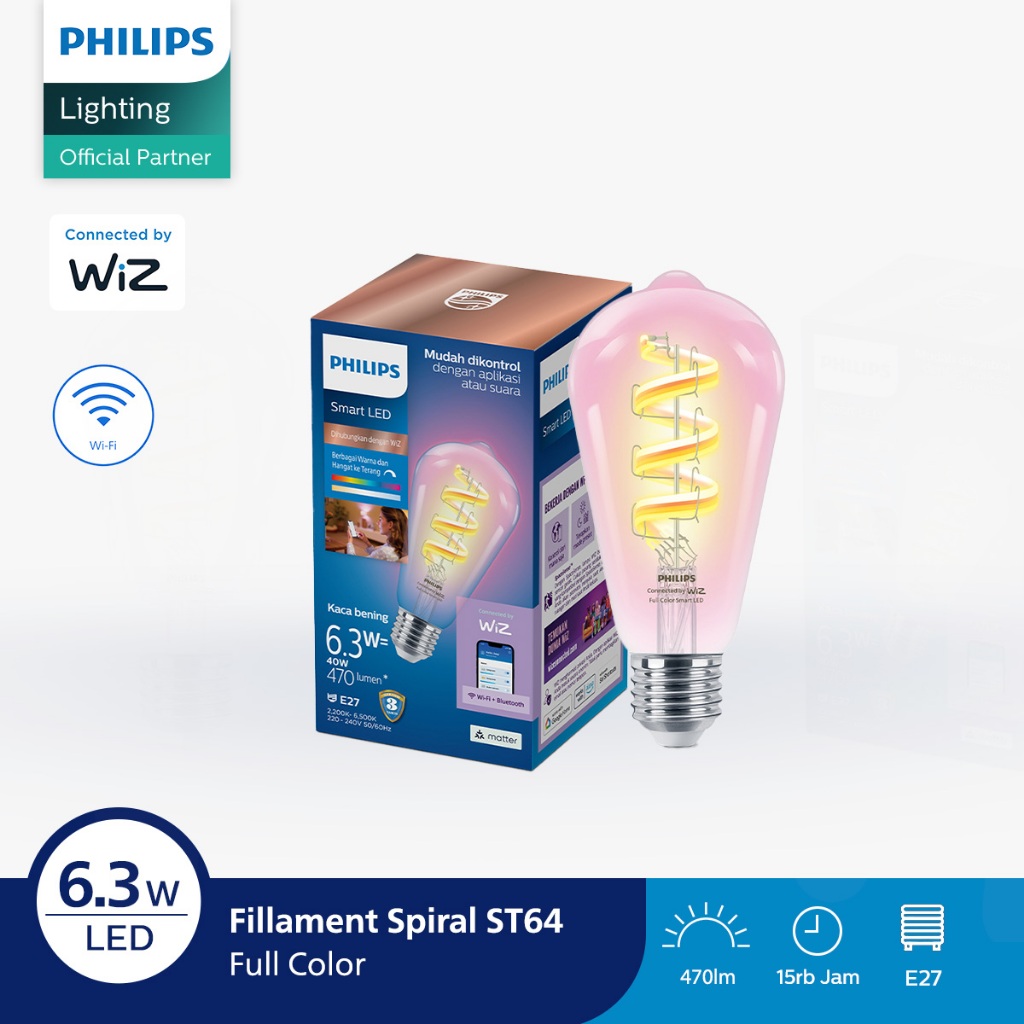 Philips Lampu Smart WiFi LED Filamen Spiral 6.3W ST64 RGB