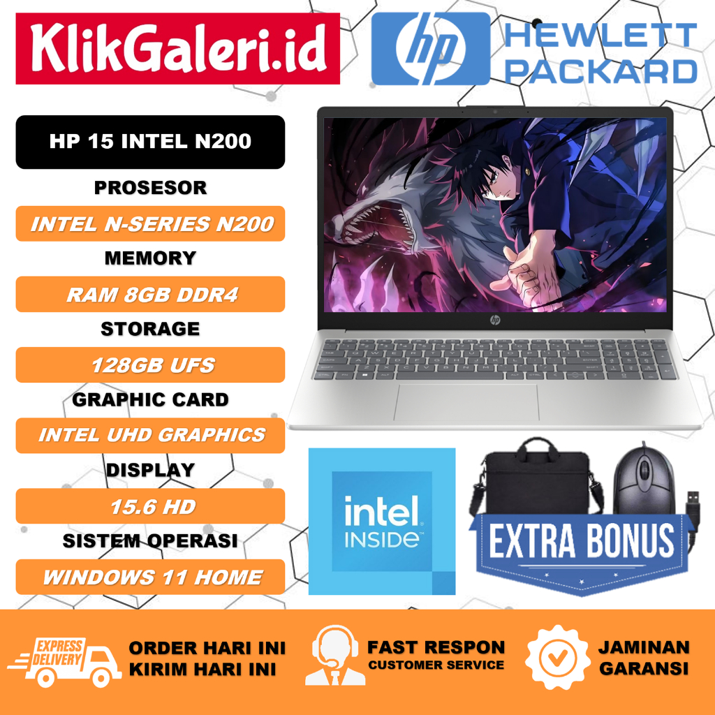 Laptop Murah HP 15 Intel N200 RAM 8GB 128GB UFS 15.6 HD Best Seller Silver