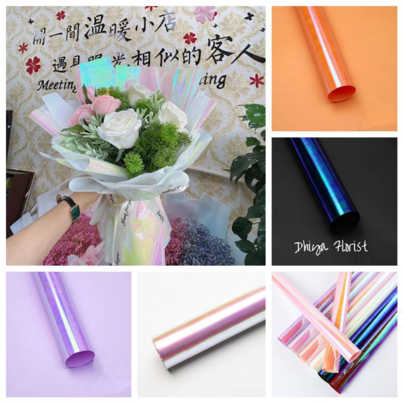 

Cellophane waterproof Holographic Transparent ( 5 lembar) Kertas Buket pelangi Plastik Hologram