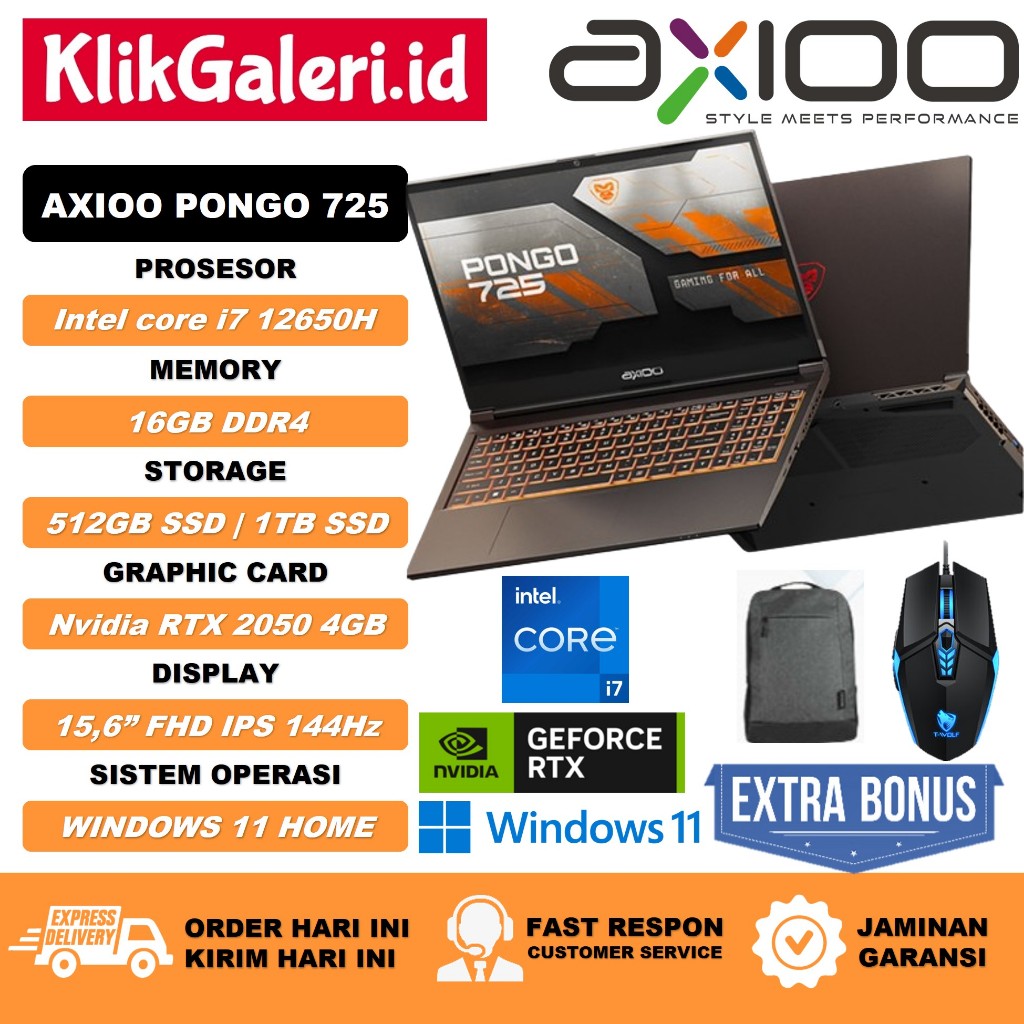 Laptop Gaming Axioo Pongo 725 Intel i7 Gen 12 16Gb Rtx 2050 Black