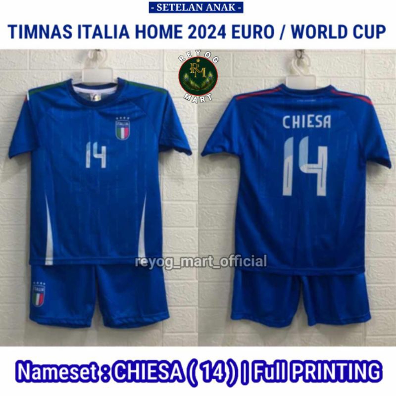 SETELAN KIDS ITALIA HOME 2024 CHIESA 14 WORLD CUP BIRU JERSEY ANAK ITALI ITALY PRINTING