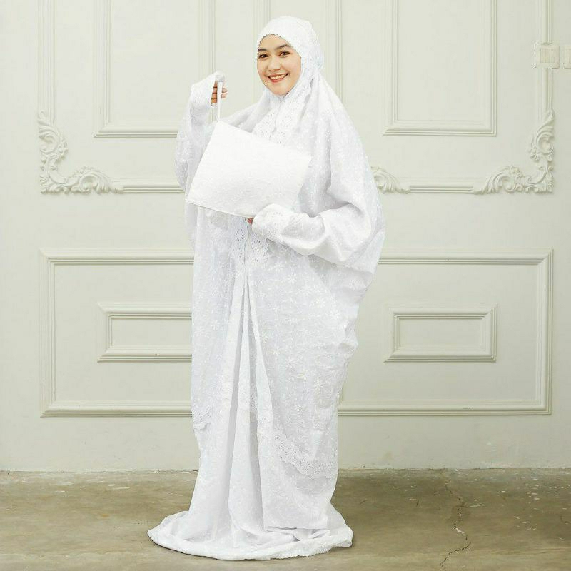 Mukena Terusan lajuran putih bahan katun paris premium