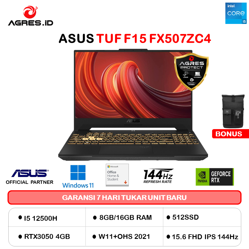 ASUS TUF F15 FX507ZC4 I5 12500H RTX3050 4GB/ 16GB 512GB W11+OHS+O365 15.6FHD 144HZ BLIT GRY -I535B1M