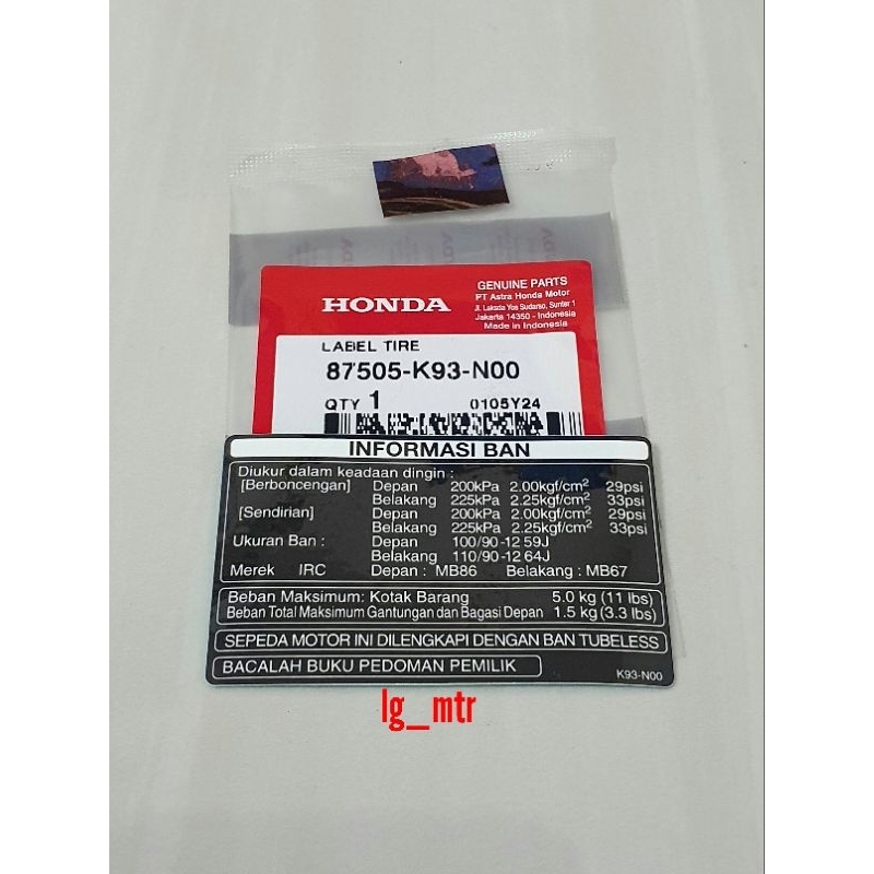 STICKER LABEL TIRE STIKER INFORMASI TEKANAN ANGIN BAN SCOOPY ESP 87505-K93-N00