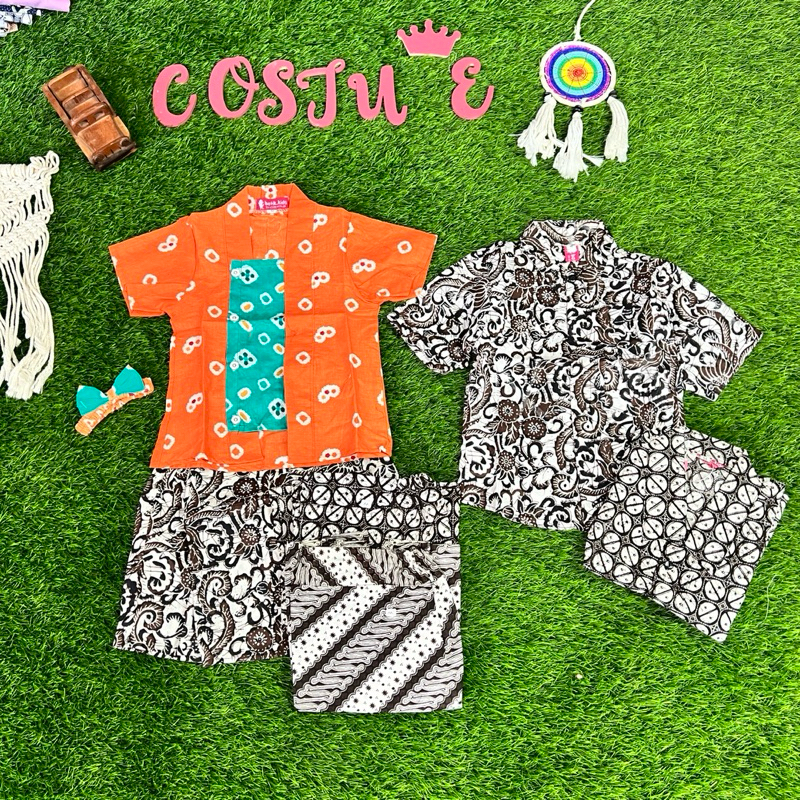 BATIK COSTUME COUPLE SETELAN KEBAYA JUMPUTAN JINGGA ORENS MUDA KEMEJA ANAK COWOK SARIMBIT BAJU KUTUB