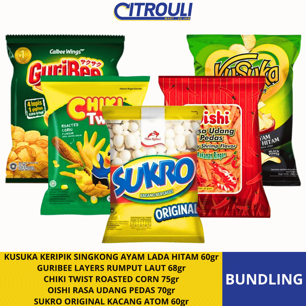 

BUNDLING SNACK 3 (KUSUKA,GURIBEE,CHIKI TWIST,OISHI,SUKRO)