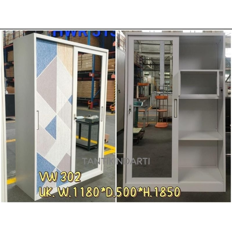 LEMARI BAJU SLIDING 2 PINTU BAHAN PLAT/ BESI, PAKAI CERMIN, DALAM ADA LACI, RAK BAJU, TERBARU, MURAH