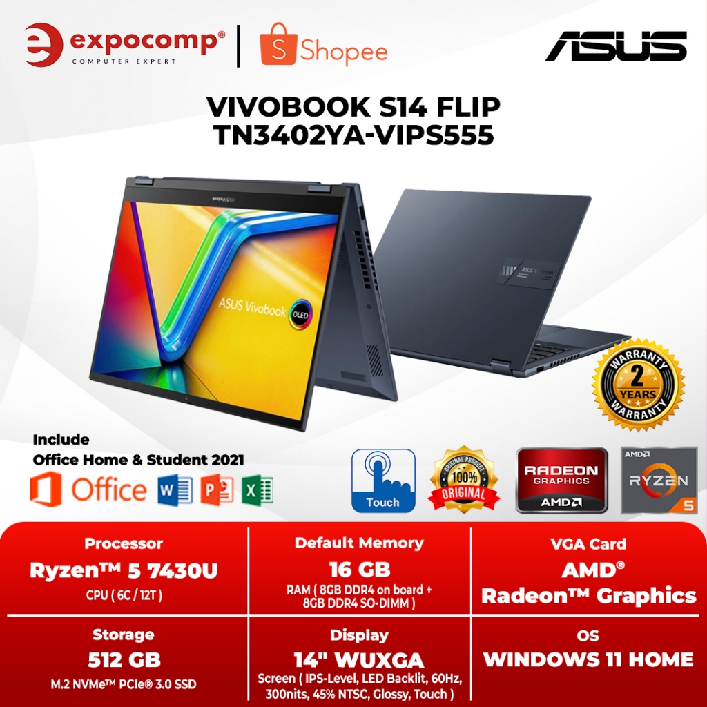 ASUS VIVOBOOK S14 FLIP TN3402YA-VIPS555 BLUE AMD RYZEN 5-7430U 16GB 512GB W11+OHS