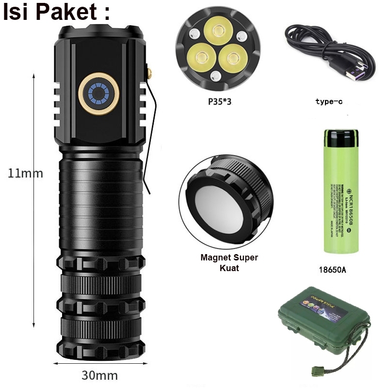 UPGRADE Senter Mini LED Super Terang 3xLED P35 Upgrade Baterai 18650 3000mAh