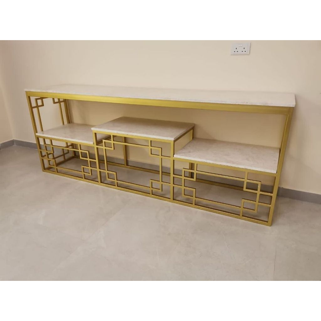 Meja Console Tanisa Bahan Besi Holo TOP Kayu Lapis HPL Motif Marble Atau Kaca Untuk Ruang tamu, Tera