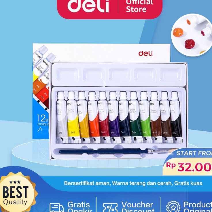 

Penjualan Terkini Deli Water Color Paint Cat Air Set 5 ML Bersertifikat Aman Gratis Kuas 738XX