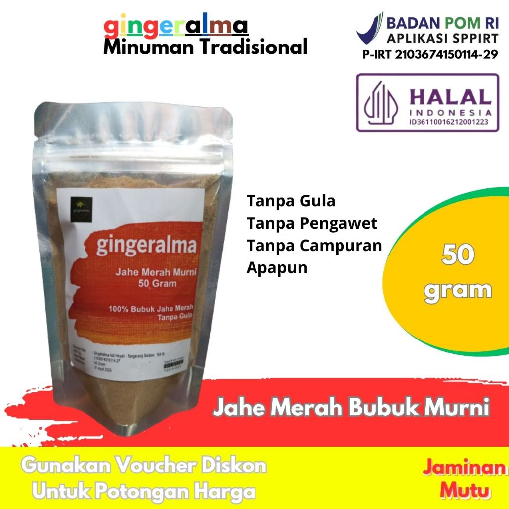 

Jahe Merah Bubuk Murni Gingeralma 50 Gram