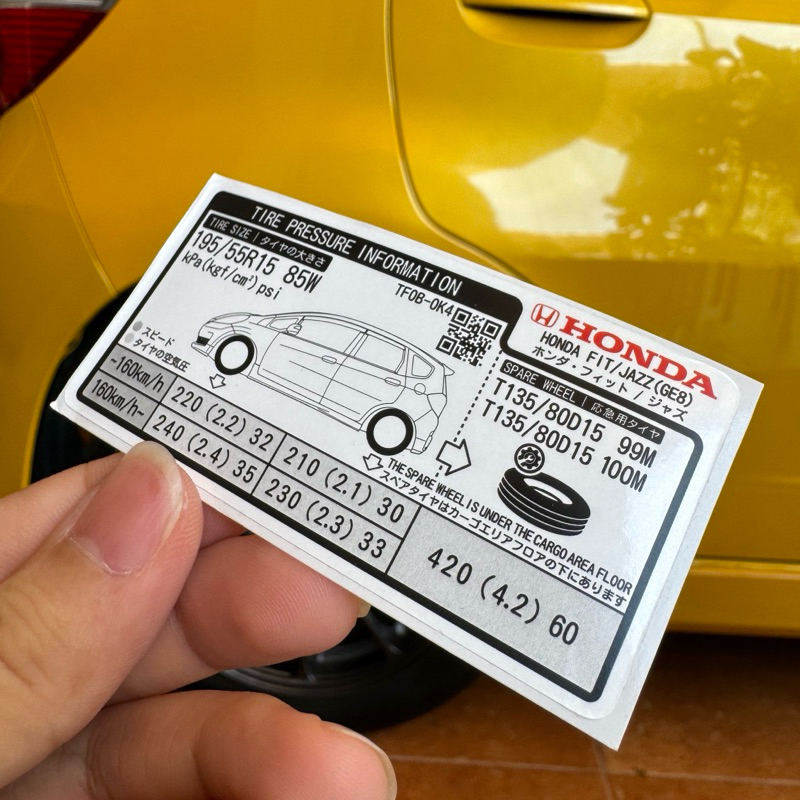sticker Tekanan angin ban Mobil Honda jazz Ge8