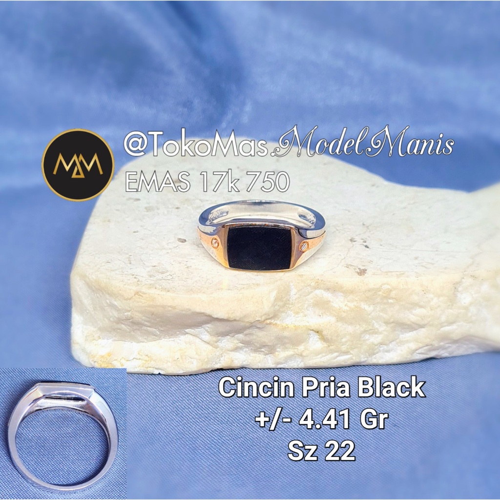 Cincin pria mur black onyx emas putih 750 kadar 17k