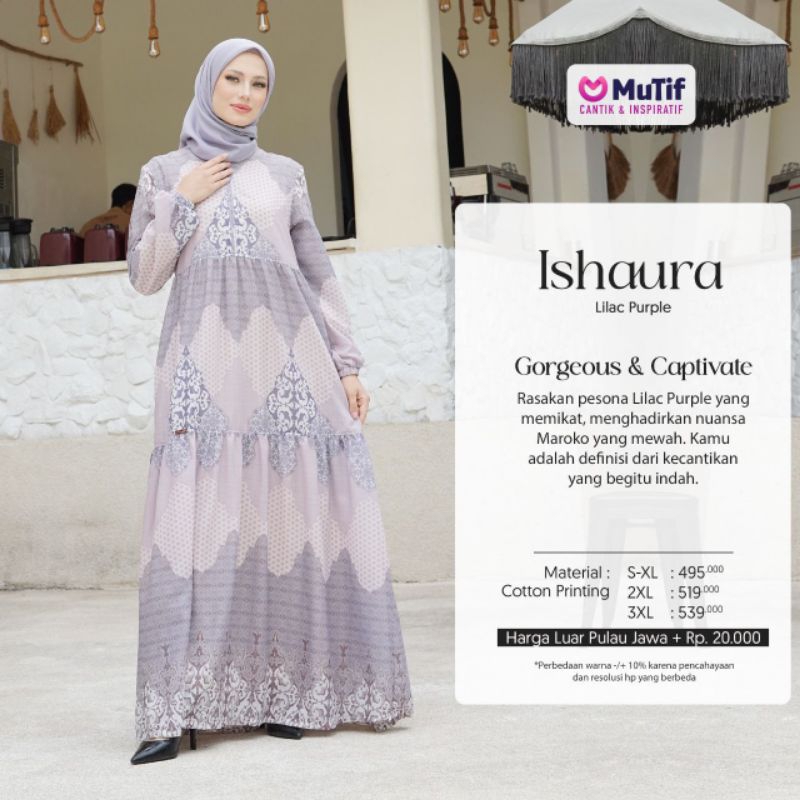 GAMIS ISHAURA LILAC PURPLE BY MUTIF (GAMIS DEWASA BAHAN KATUN PRINT)