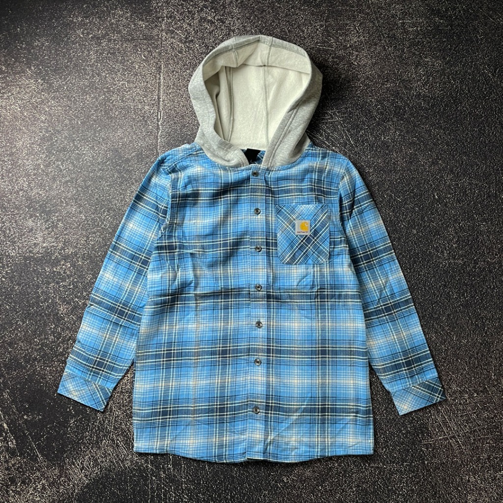 CARHARTT BOYS' LONG-SLEEVE FLANNEL BUTTON-FRONT HOODED SHIRT (Boys Size) Kemeja Hoodie Original