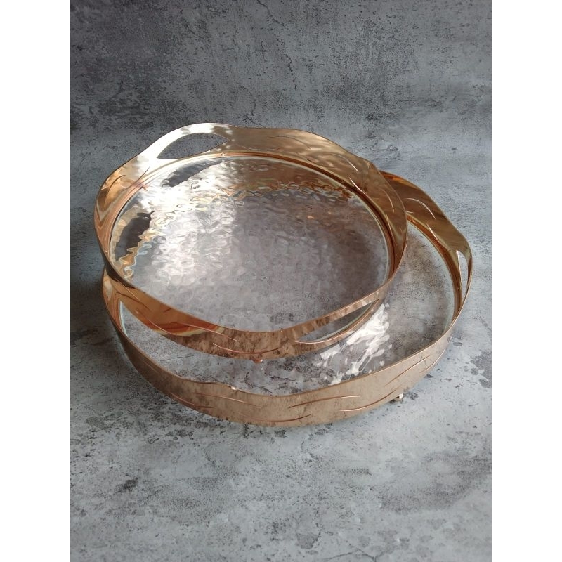 Nampan Gold Nampan Emas Nampan Kaca Gold Bulat Set isi 2pcs Kombinasi Gold Baki Emas