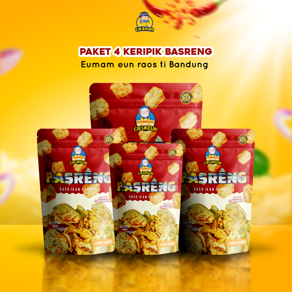 

CIKUKEUN X CIKEMAM - Keripik Basreng Paket Bundling 4 Baso Ikan Goreng - Baso Ikan Pedas Gurih - Cemilan Renyah