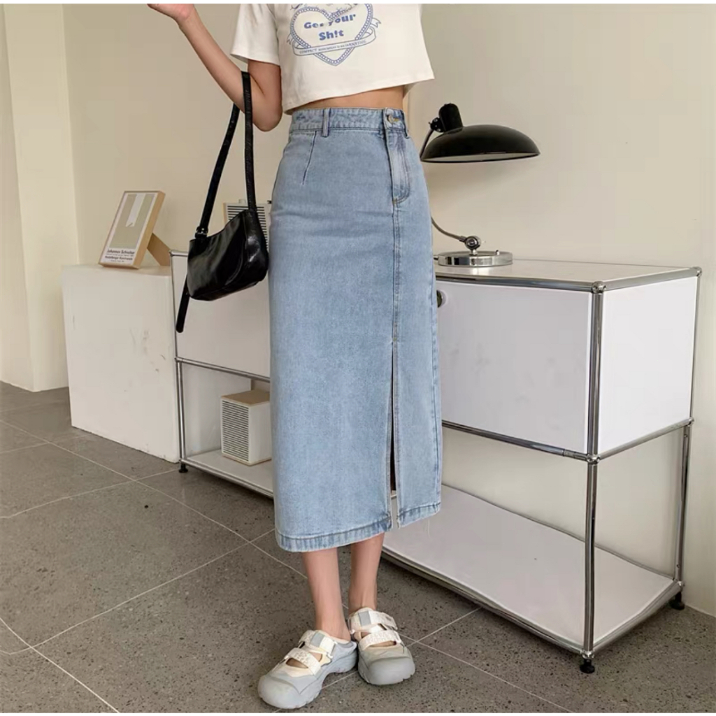 lybh_store Rok dres a-line skirt Rok panjang denim a-line skirt Korean style midi slit SkirtRok Plis