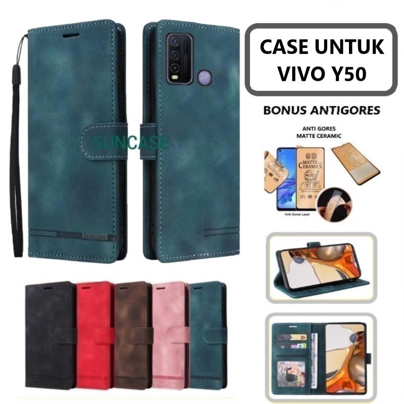 Casing hp VIVO Y50 model flip dompet softcase premium ada tali dan dapat anti gores