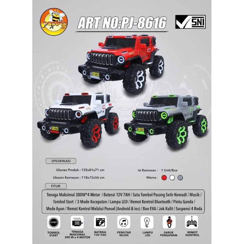 PJ-8616/Mainan Mobil Aki Anak Jeep Pasific/Mobil Aki Pasific Ban Karet/Mobil Aki Ban Karet