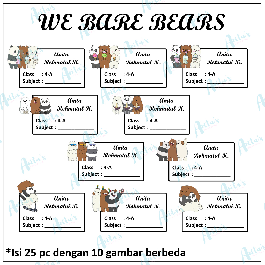 

25pc STIKER NAMA BUKU PELAJARAN ANAK SEKOLAH tema WE BARE BEARS | size S / 5x3 cm | CUSTOM