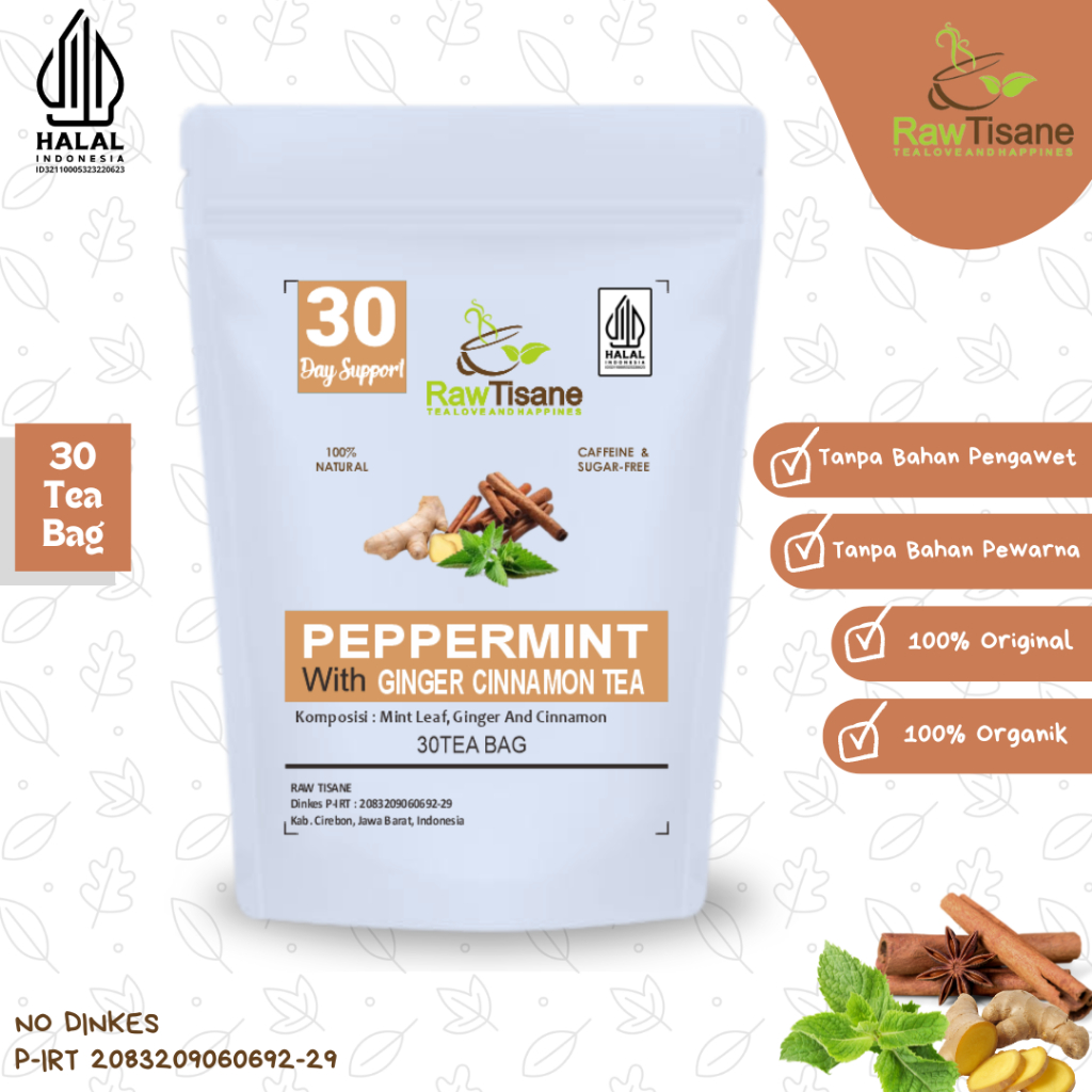 

RAW TISANE Peppermint With Ginger Cinnamon Tea : Teh Celup Daun Mint, Jahe & Kayu Manis Isi 30 Tea Bag