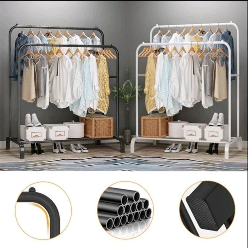 DOUBLE Stand Hanger Gawang Besi Kuat Putih Hitam Butik Display Gawangan Gantungan