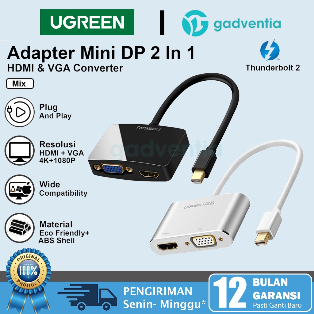 UGREEN Converter Mini DP Thunderbolt Display to HDMI & VGA 4K Untuk Layar Monitor Proyektor Ke Lapto