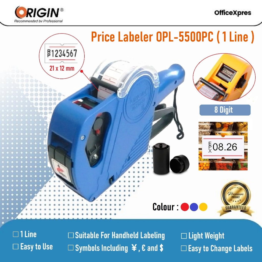 

Mesin Alat Label Harga / Price label 8 digit /Cover plastik / Label Harga OPL Labeller Origin 5500PC / 1 Slop Kertas Label Harga 1 Line