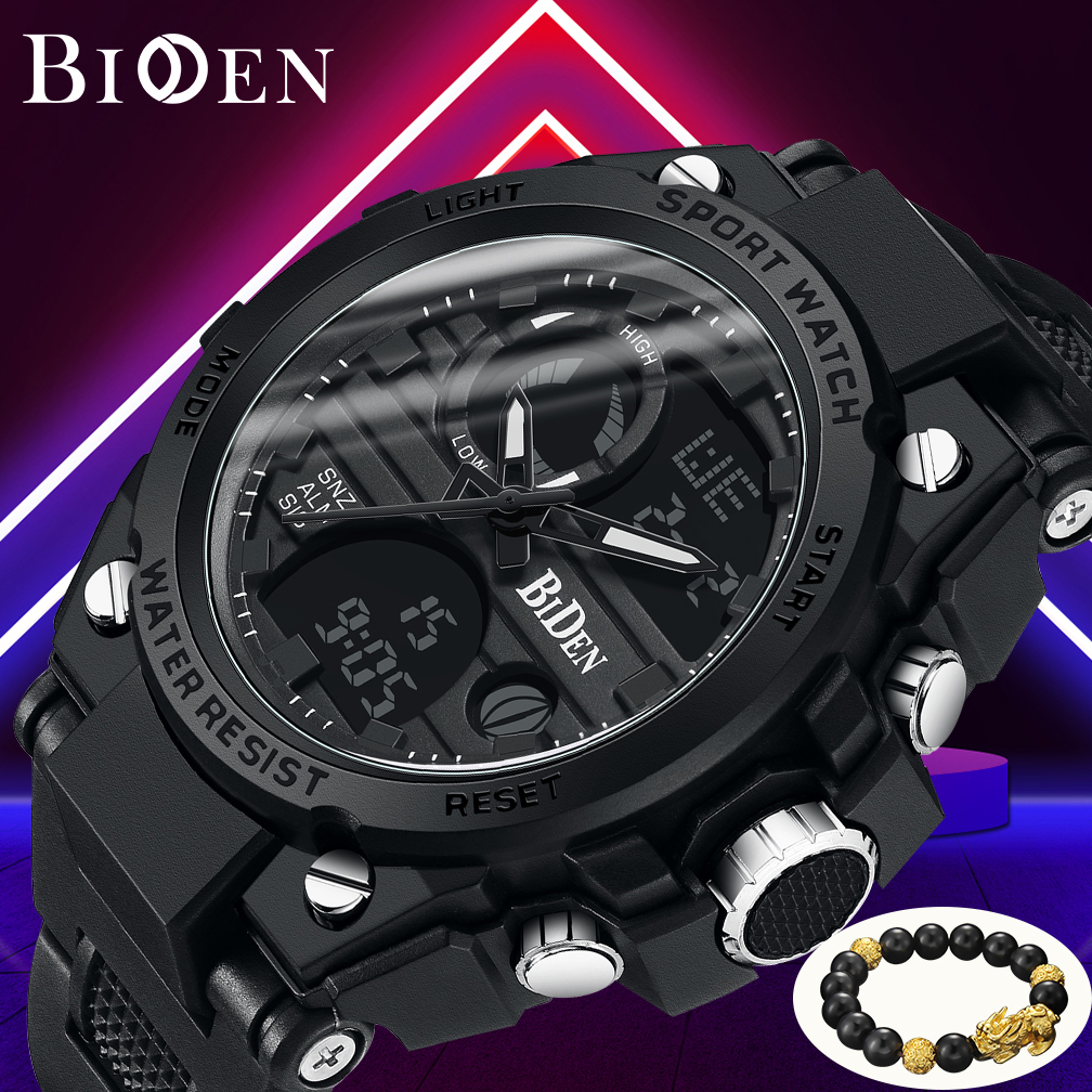 BIDEN Jam Tangan Pria Digital&Analog Anti Air Olahraga Militer Pria Tali Silikon Luminous Jam Tangan