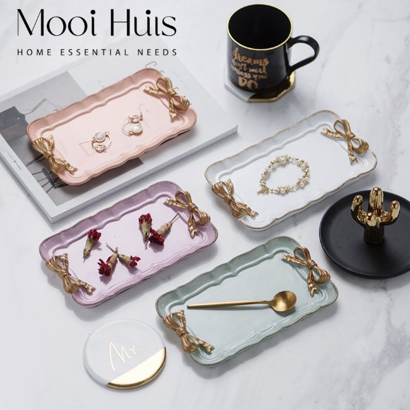 MOOI BOW Piring Aesthetic Premium/Korean Plate/Piring Keramik/Piring Kue/Cake Plate/Piring Kue Ulang