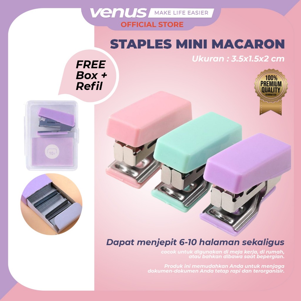 

VENUSJKT - Mini Stapler Set Macaron Color Staples Mini Ukuran Kecil Unik Kemasan Box Lucu Free Isi Warna Pastel Perlengkapan Kantor S1190