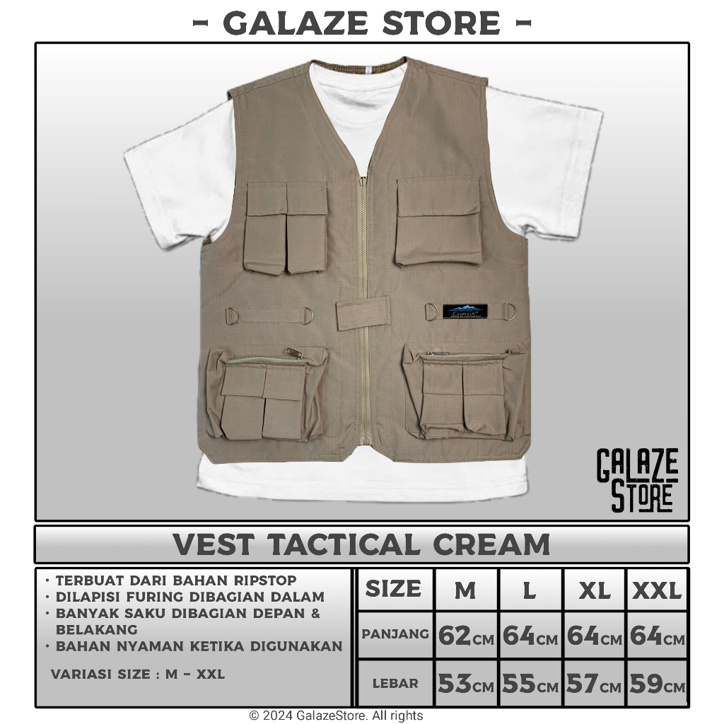 VEST CREAM - VEST TACTICAL - VEST RIPSTOP CREAM - ROMPI LAPANGAN OUTDOOR - ROMPI MOTOR - ROMPI KREM 