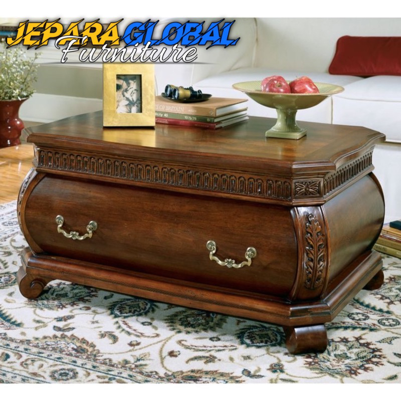 Meja Tamu Ukir jati Laci klasik wood walnut ( meja tamu solid,meja tamu jati,meja ukir jati,meja tam