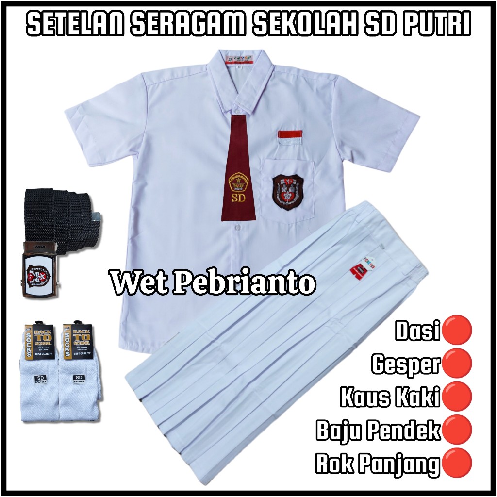 Setelan Seragam Sekolah SD Putih-Putih Perempuan Baju Putih Lengan Pendek Rok Putih Panjang Kelas 1-